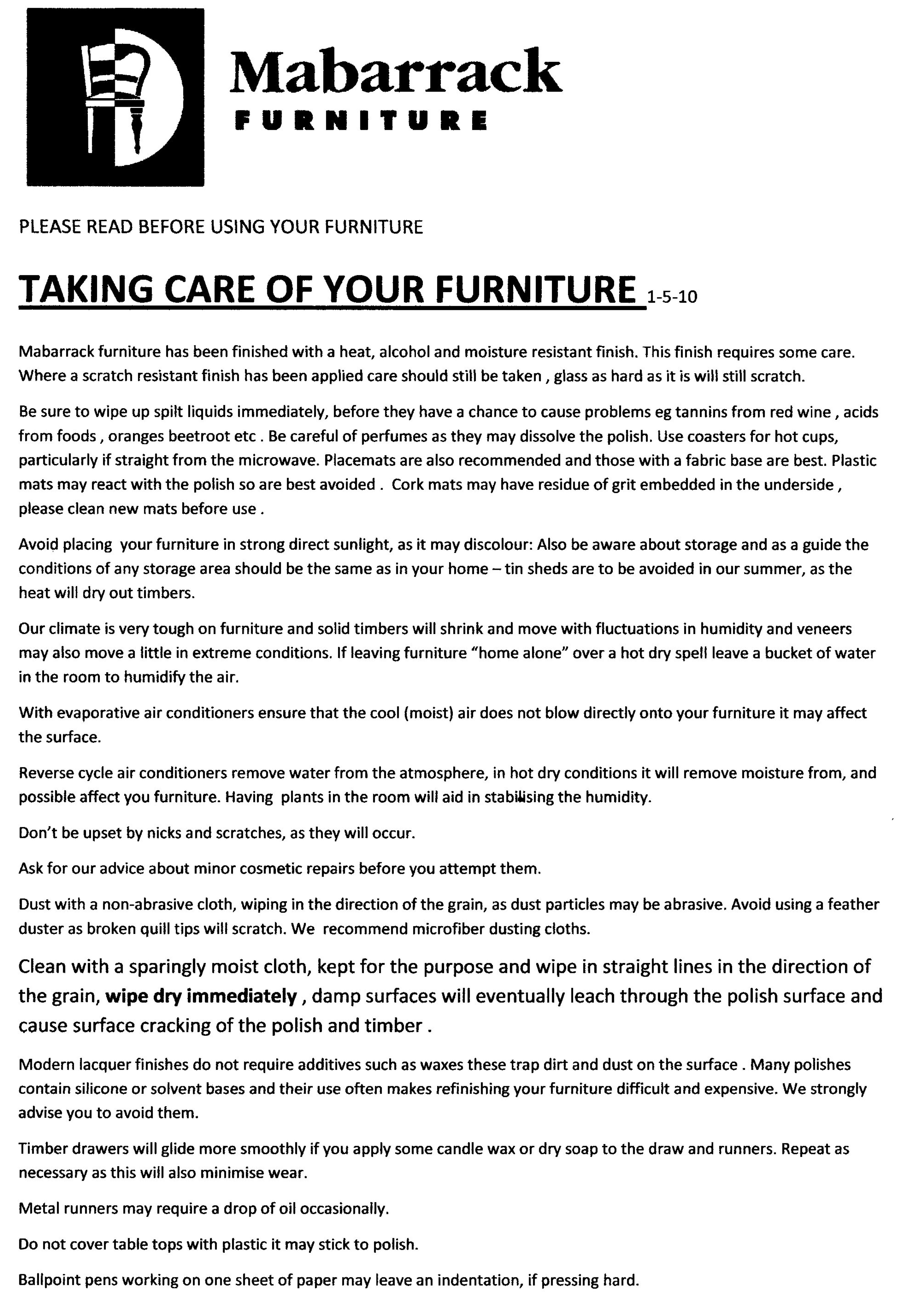 Furniture care info-3 - Mabarrack Furniture Factory - Adelaide, South ...