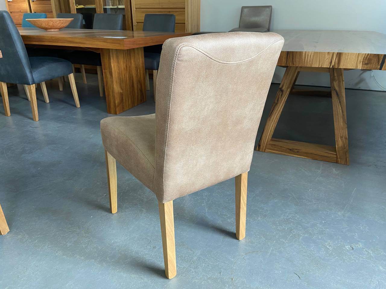 Hobart Upholstered Dining Chairs Warwick Eastwood Fawn Fabric Oak Timber Quality Made in Adelaide, South Australia