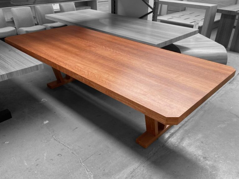 KT 10 Seater dining table clipped corners Spotted Gum timber 2 pack polyurethane lacquer Quality Furniture Made in Adelaide, South Australia