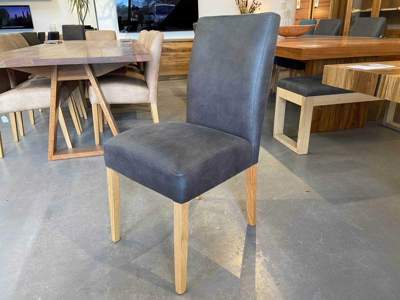 Bendigo Upholstered Dining Chairs Warwick Eastwood Slate Fabric Oak Timber Made in Adelaide, South Australia