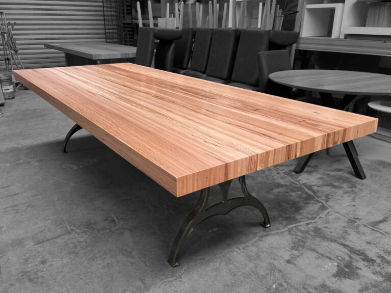 KT 10/12 Seater Dining Table Blackbutt Timber 2 Pack Polyurethane Cast Iron Base Quality Furniture Made in Adelaide, South Australia