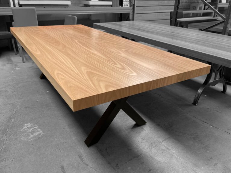 KT 10 Seater Dining Table Oak Timber 2 Pack Polyurethane Steel X Base Quality Furniture Made in Adelaide, South Australia