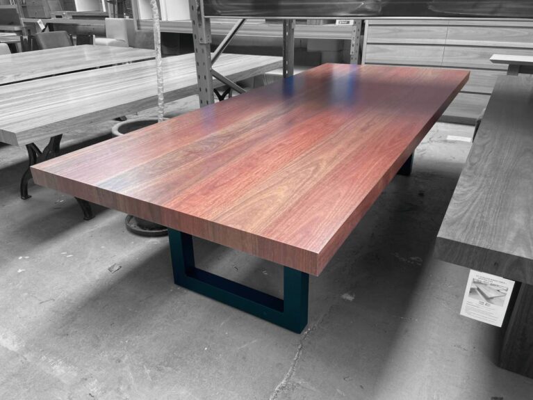 KT 10 Seater Dining Table Spotted Gum Timber 2 Pack Polyurethane Steel U Base Quality Furniture Made in Adelaide, South Australia